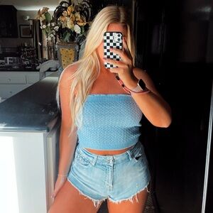 Blue Strapless Crochet Knit Cropped Top